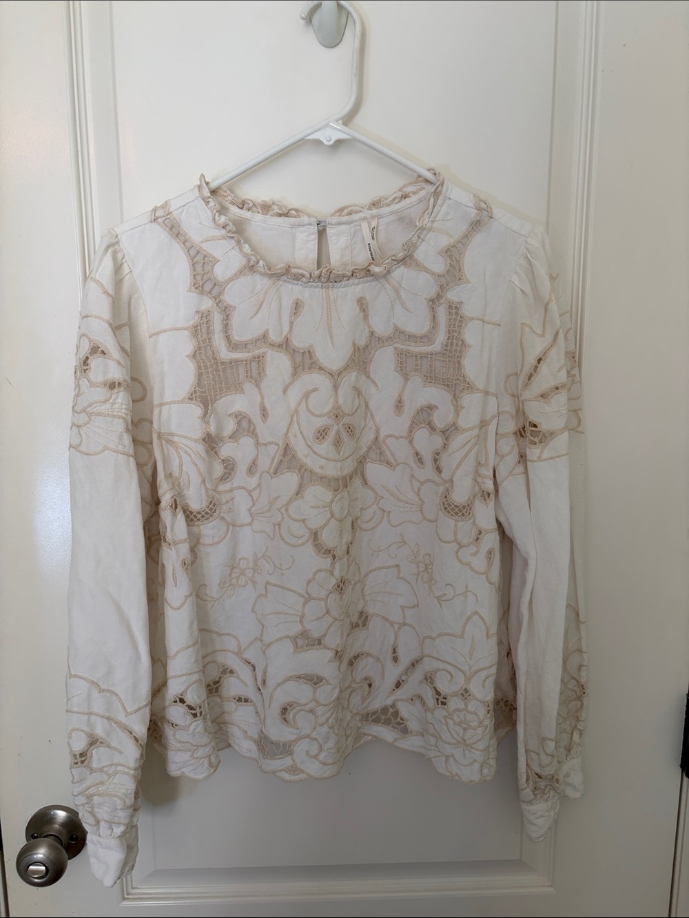 Anthropologie Lainie High Neck Ivory Lace Cutwork Long-Sleeve Blouse - Picture 7 of 11